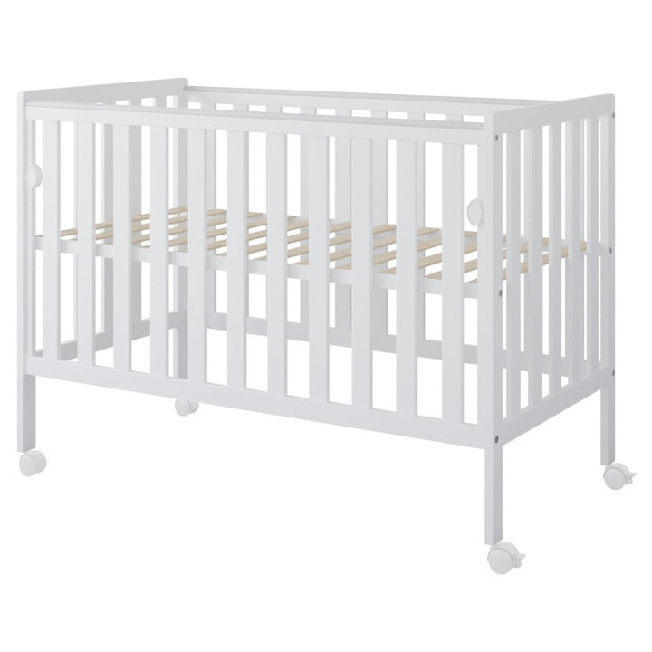 Patut din lemn si MDF pentru copii Nichiduta Bambi Alb cu laterala culisanta, roti cu blocare, vopsele ecologice pe baza de apa, margini rotunjite, dimensiuni interioare 120x60 cm