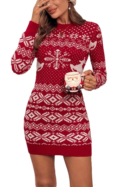 Rochie de Craciun, mulata, rochie Craciunita, rosie cu model reni, fulgi de zapada, marimea S