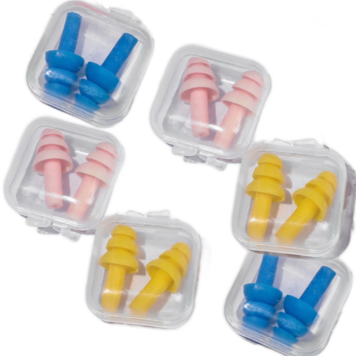 Dopuri urechi reutilizabile pentru dormit, anulare zgomot, silicon ultra moale, 6 perechi, dormit, ras, concerte, munca, locuri zgomotoase, 3 culori（Galben, albastru, roz.）