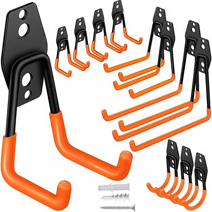 12 db hasznos garázskampó, YOUKUKE®, falra szerelhető tároló akasztó, szerszámok és kiegészítők rendszerezője, létrák/ömlesztett áruk/kerékpárok/kötelek, acél, fekete-narancssárga