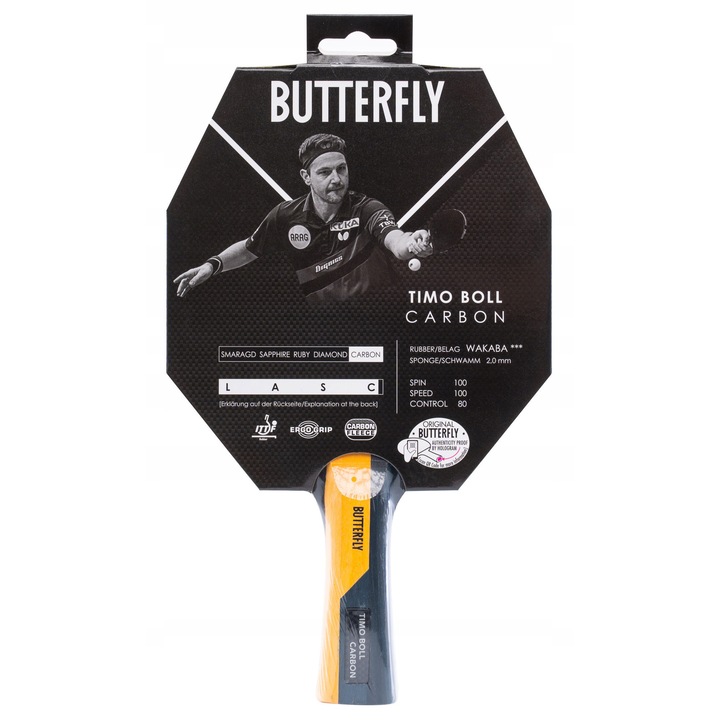 Хилка за тенис на маса Butterfly Timo Boll Carbon, гума Wakaba 2 мм, Ergo Grip, 165гр