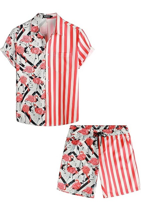 Set camasa si pantaloni scurti casual de vara pentru barbati, flamingo rosu, VATPAVE, Rosu