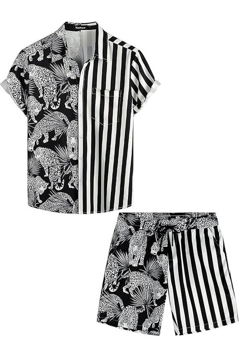 Set camasa si pantaloni scurti casual de vara pentru barbati, leopard negru, VATPAVE, Negru I Alb