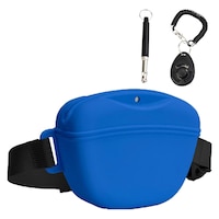 Set Geanta pentru dresaj caini, asskanaer, Geanta pentru recompense caini cu clicker de antrenament, Inchidere magnetica si curea la talie convenabile, Pentru plimbari de dresaj pentru animale de companie, 10.5x12.5 cm, Silicon, Fara BPA, Albastru