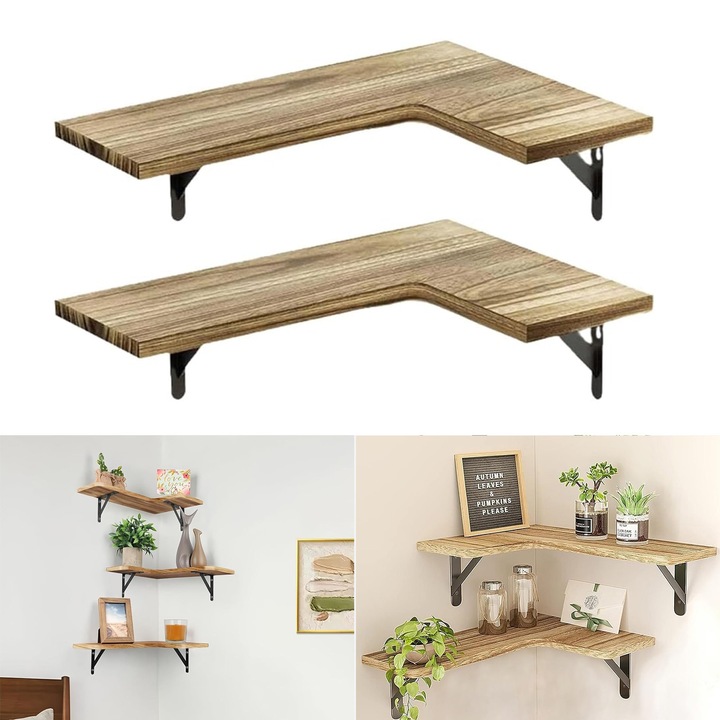 Set 2 rafturi de Perete Asskanaer, pentruColt, Lemn Maro deschis, 41x29x1.5cm