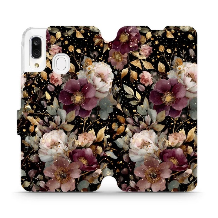 Husa flip pentru telefon Samsung Galaxy A40, Mobiwear, flori aurii, rezistenta la socuri, multicolor