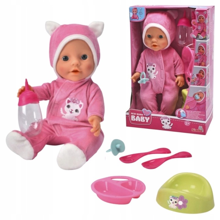 Комплект кукла New Born Baby с котешки уши, Simba, 30 см, розова, 6 аксесоара