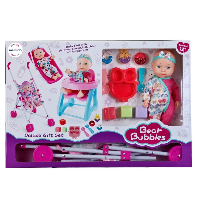 Mamido Babakészlet, 30 cm, összecsukható babakocsi, etetőszék, kiegészítők, többszínű