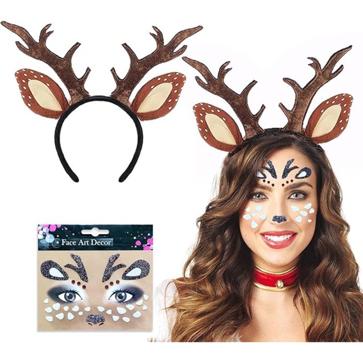 Rénszarvas korona karácsonyra, arcmatricákkal, univerzális méret, gyerekeknek/felnőtteknek, barna