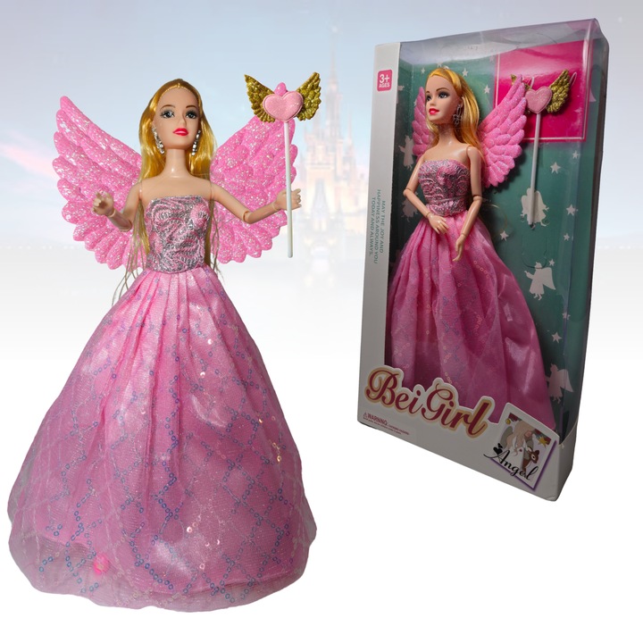 Papusa Luckylu printesa inger, 28 cm, par lung, rochie roz