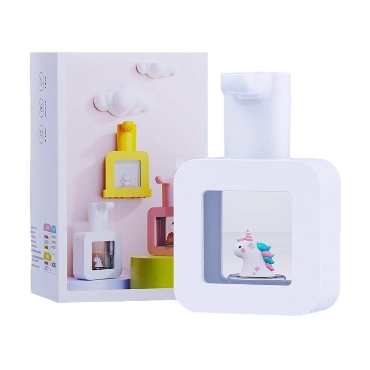 Automata szappanadagoló gyerekeknek, egyedi design, fehér, falra szerelhető, adagoló és tartó szett