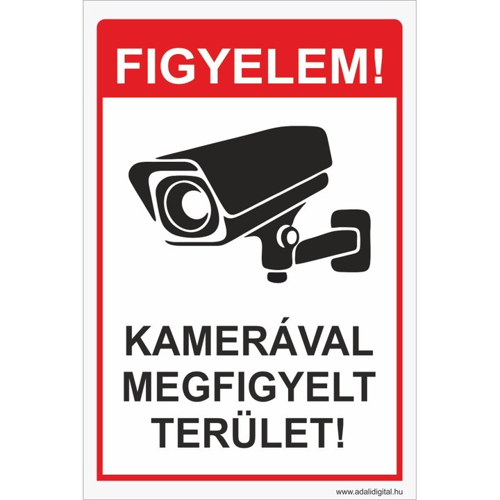 Figyelem! Kamerával megfigyelt terület” figyelmeztető tábla – 20x30 cm, 1 mm PVC, időjárásálló nyomtatás