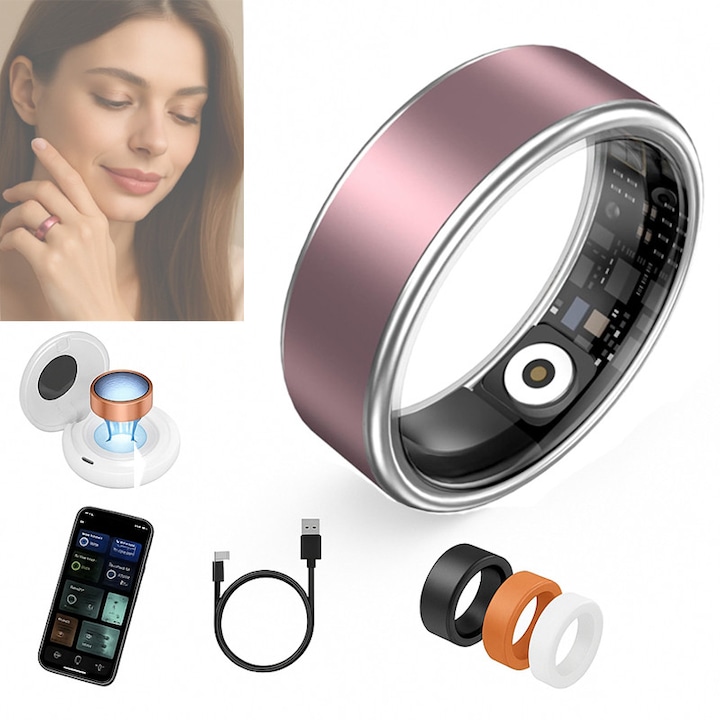 Интелигентен фитнес пръстен, ZYNORO®, проследяване на сърдечния ритъм, кислород в кръвта, кръвно налягане, IP68, 3 защитни капака, розов, 8