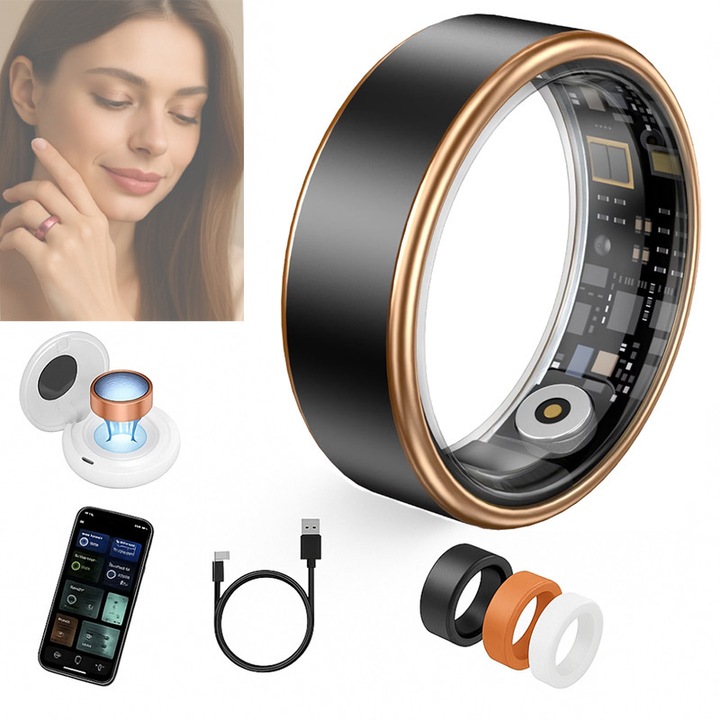 ZYNORO Okos fitnesz gyűrű, pulzus-, vér oxigén- és vérnyomásmérés, IP68, 3 védőtok, fekete, 8