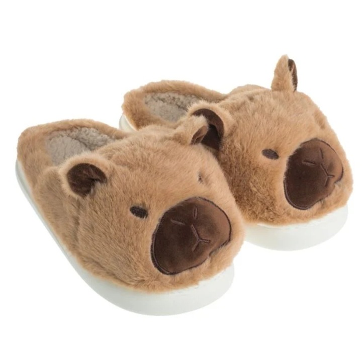 Papuci de iarna dama, model Capybara, blana artificiala, maro, Maro, 40-41