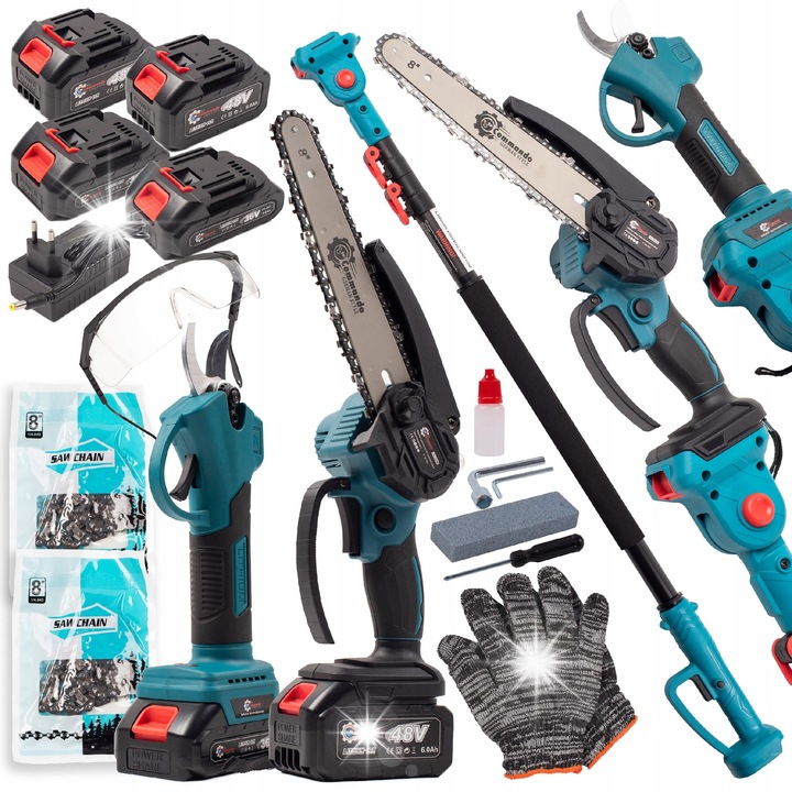 Láncfűrész szett 8", metszőolló, 4m, 4 db 48V/36V akkumulátor, COMMANDO