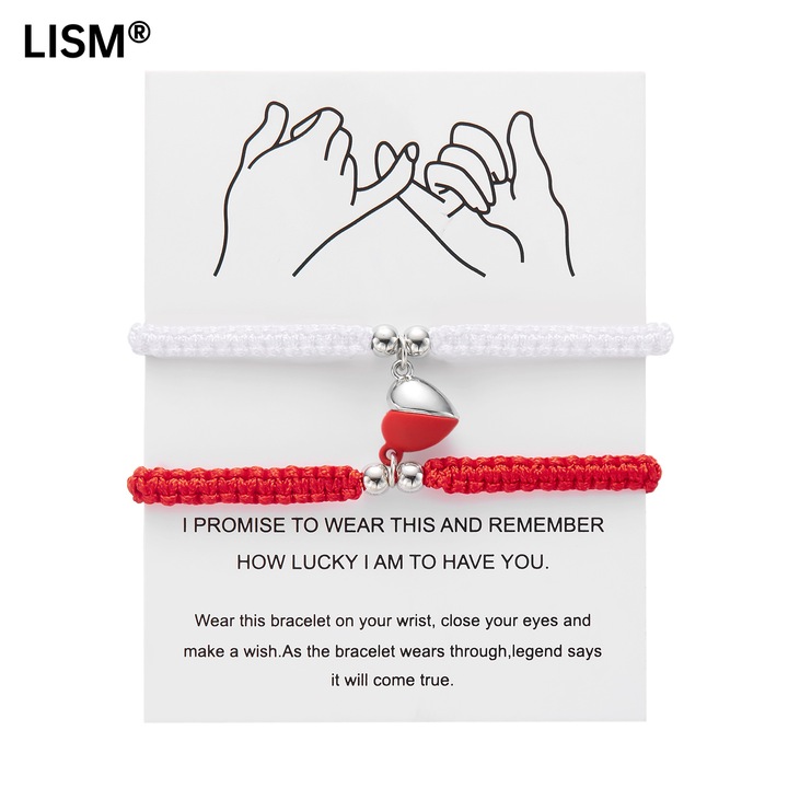 Bratari Magnetice pentru Cupluri Lism®, Martisor, Set de Doua, Ajustabile, Rosu si Alb, Lungime 16x30cm