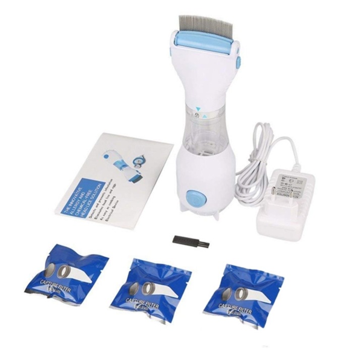 Pieptene aspirator Aymax, împotriva păduchilor, albastru/alb, 2 capete, design ergonomic