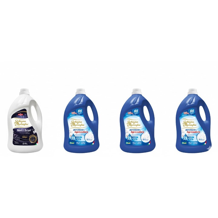 Pachet detergent lichid Schiuma di Marsiglia, 3 x Sgrassatore + 1 x Neri & Scuri, 4 x 5L, pentru rufe albe, colorate si negre, curatare profunda, indepartare pete si protectia culorilor, pana la 260 spalari