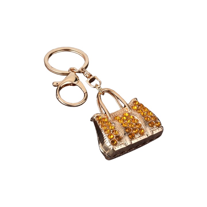 Breloc Chei Model Geanta de Mana, Aliaj cu Strass/Cristale, Accesorii Femei/Cadou, Culoare galben si aur