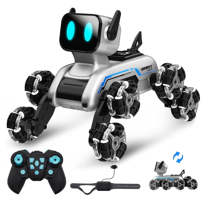 Câine robot cu telecomandă AFKSMILE, interactiv, control prin gesturi, Negru/Argintiu, 25x16x17cm