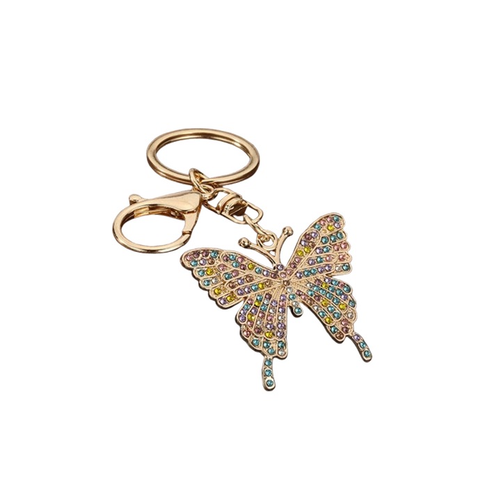 Breloc Chei, Model Fluture (Butterfly), Metalic cu Strass/Cristale, Accesoriu Femei, Culoare Multicolor