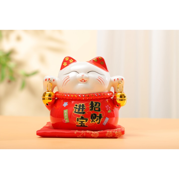 Figurina ceramica Maneki Neko, rosu, 9.5x9x10.5cm, aduce noroc si prosperitate, RubyredFox