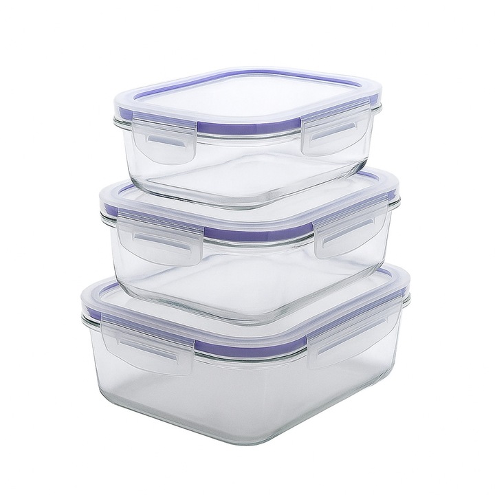 Set 3 recipiente pentru alimente Practic, 0,6/1/2 L, plastic fara BPA, capace cu cleme etanse, transparente, ideale pentru depozitare si organizarea bucatariei