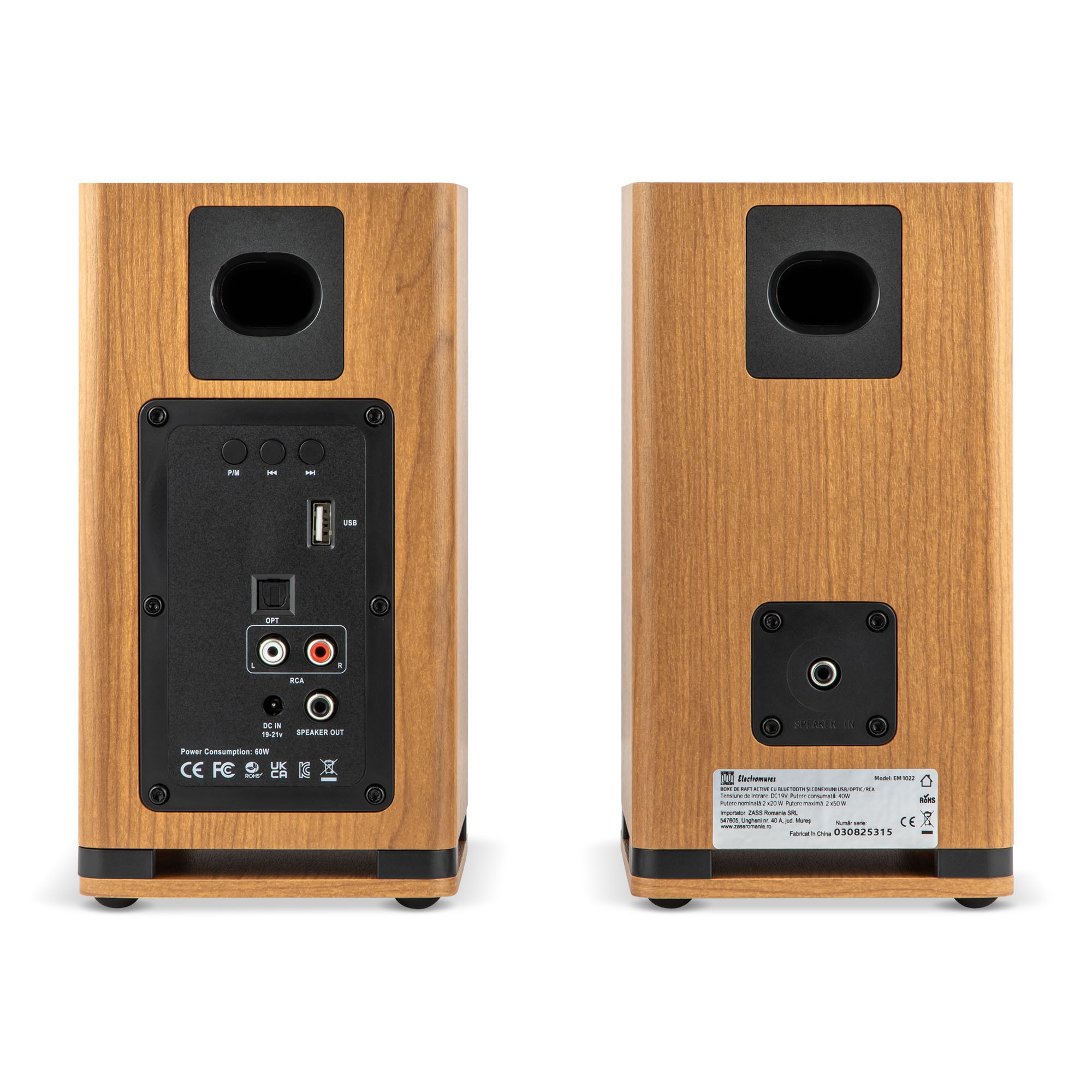 Boxe de raft Electromures EM 1022, active cu Bluetooth 5.0, conexiuni USB/OPTIC/RCA si Telecomanda, Design minimalist, Putere 2x50W, Culoare Maro
