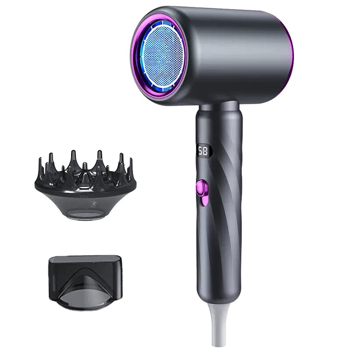 Сешоар MOGU, Високоскоростен, Йонен, Бързо изсушаване, Синя светлина с отрицателни йони, Мощност 1800W, Нисък шум, 3 настройки на скоростта, Компактен, Магнитен дифузер + магнитна приставка за оформяне, По-бързо изсушаване на всички типове коса
