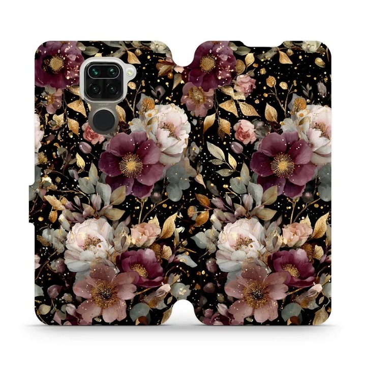 Husa flip Mobiwear pentru Xiaomi Redmi Note 9, design floral, rezistent la socuri si zgarieturi, multicolor