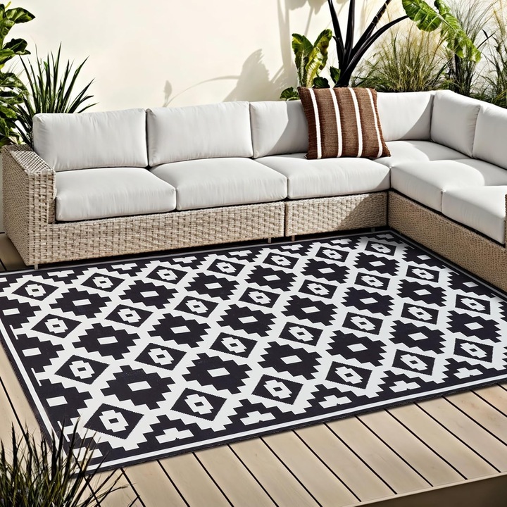 Covor, OMERAI, 180x270cm, model Boho, rezistent la UV, pliabil, negru-alb