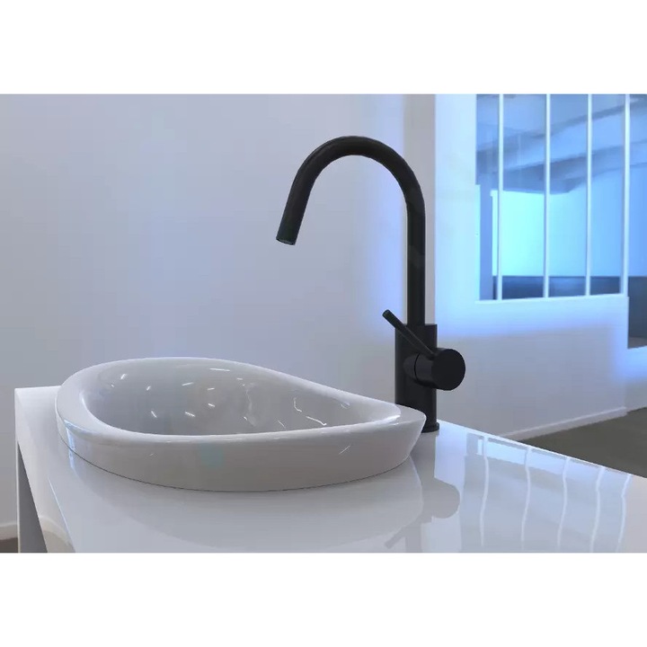 Paffoni szaniter csaptelep, mosdóhoz, forgatható kifolyóval, matt fekete, magasság 283mm, hosszúság 140mm