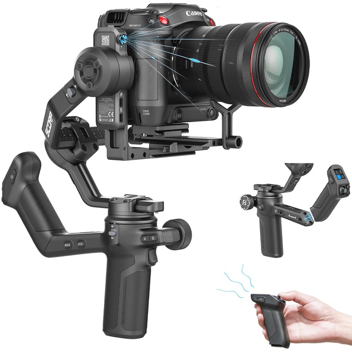 Stabilizator FeiyuTech SCORP 3 pentru Camera, cu Senzor AI Integrat si Telecomanda Detasabila, Sarcina Utila 3,5 KG, cu Ecran Tactil si Filmare Verticala