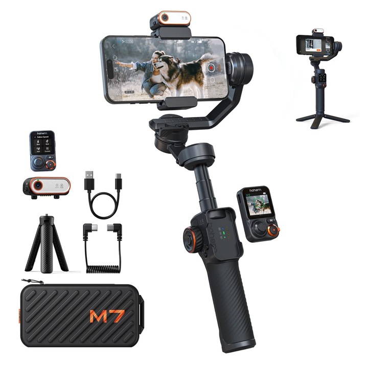 Stabilizator Hohem iSteady M7 pentru Smartphone, Gimbal 3-Axe pentru Telefon, cu Senzor AI si Lumina de Umplere, Telecomanda Tactila Detasabila, Compatibil iPhone si Android