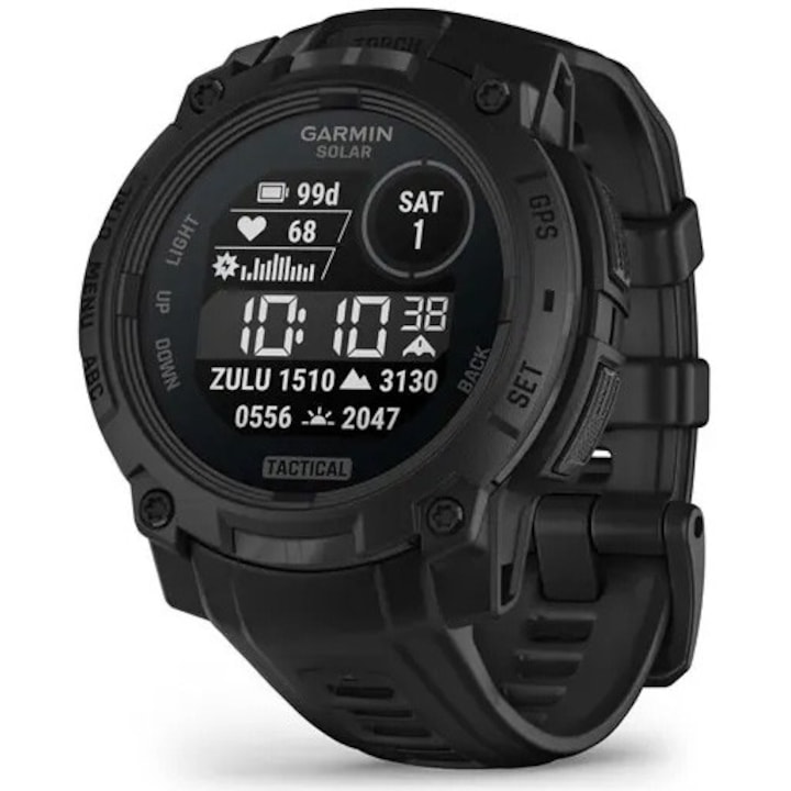 Smartwatch Garmin Instinct 3, 45mm, Solar Tactical Edition, GPS, Android/iOS, Negru, curea silicon neagra