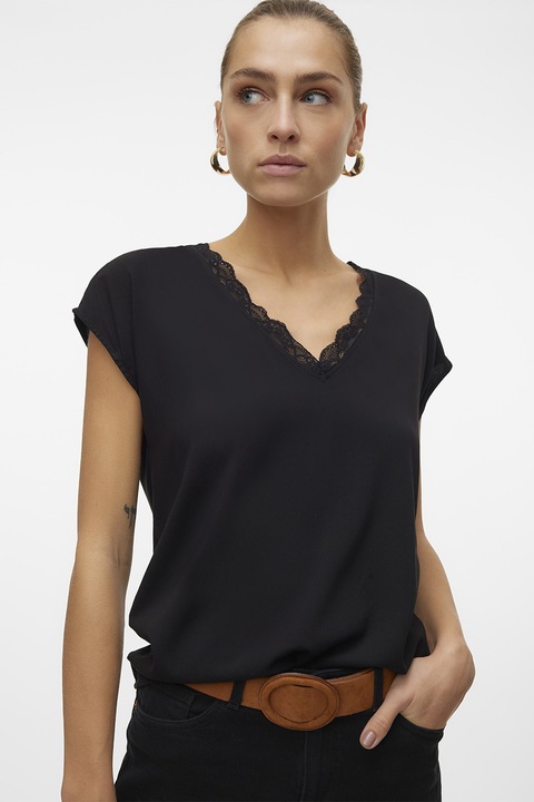 Vero Moda, Bluza lejera cu maneci scurte si decolteu in V, Negru, L