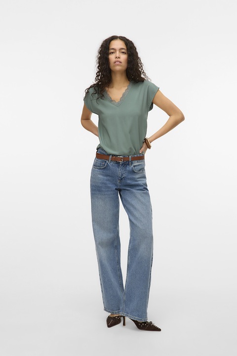 Vero Moda, Bluza lejera cu maneci scurte si decolteu in V, Verde sparanghel