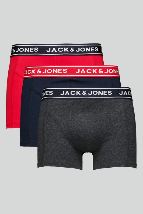 Jack & Jones, Set de boxeri din amestec de bumbac organic cu banda logo in talie - 3 perechi, Rosu/Albastru inchis/Gri inchis melange