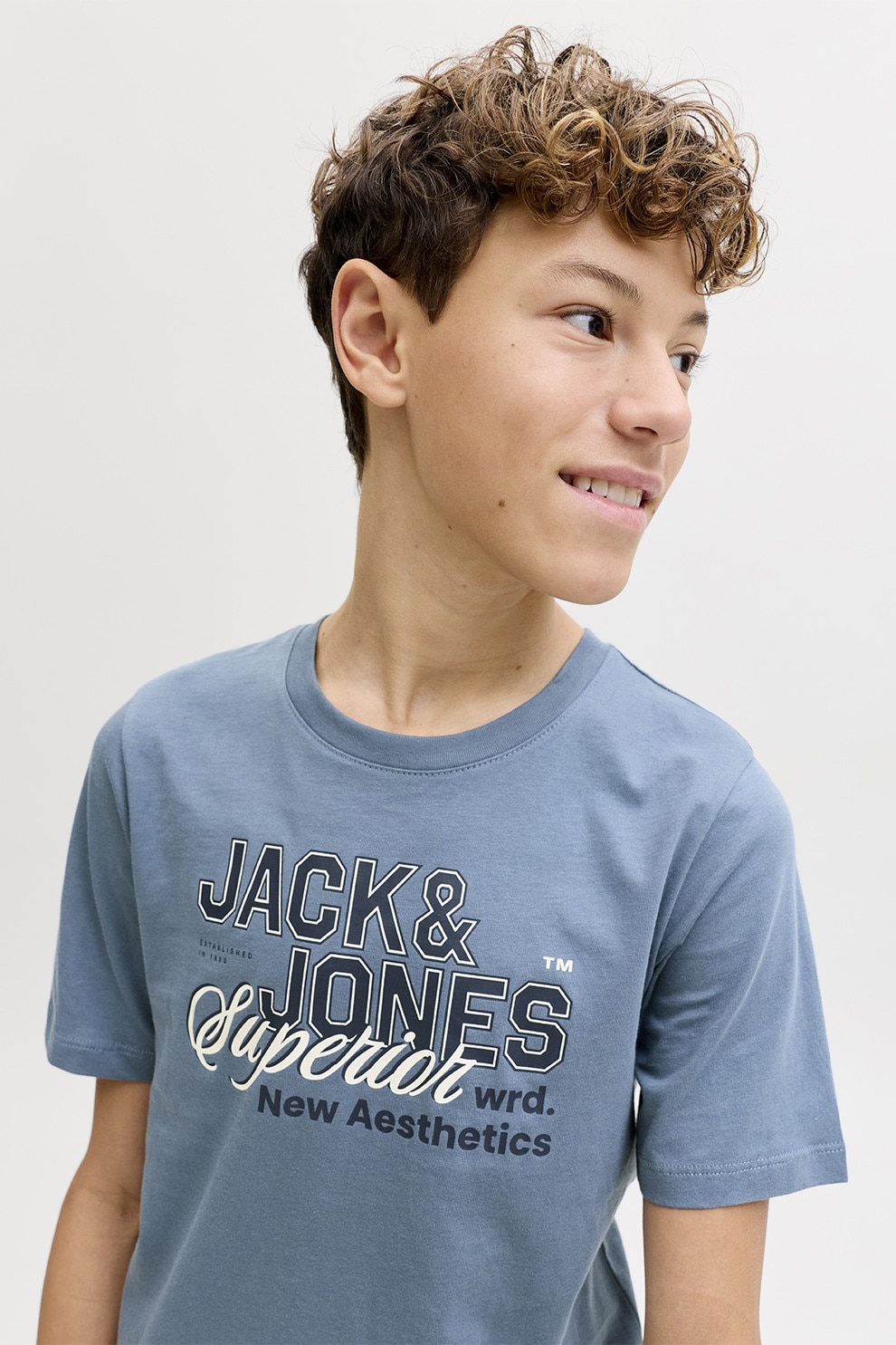 Jack & Jones, Tricou din bumbac organic cu imprimeu logo, Albastru prafuit, 164 CM