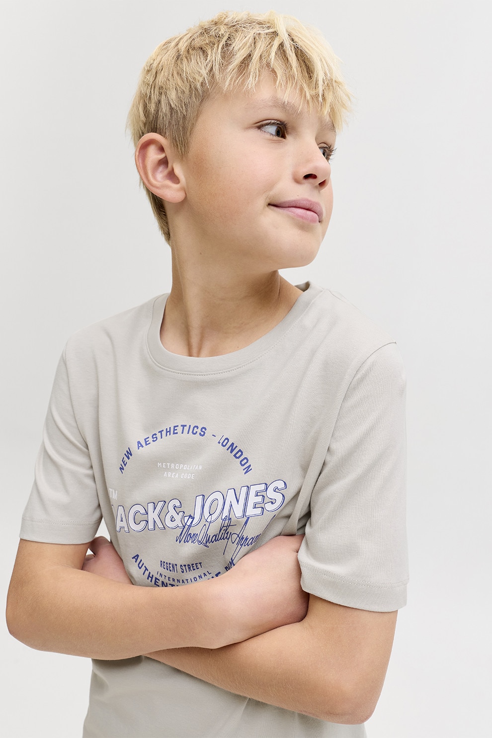Jack & Jones, Tricou din bumbac organic cu imprimeu logo, Grej, 152 CM