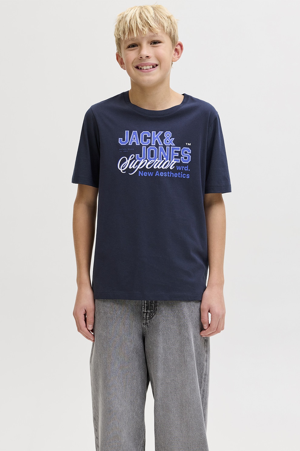Jack & Jones, Tricou din bumbac organic cu imprimeu logo, Bleumarin, 152 CM