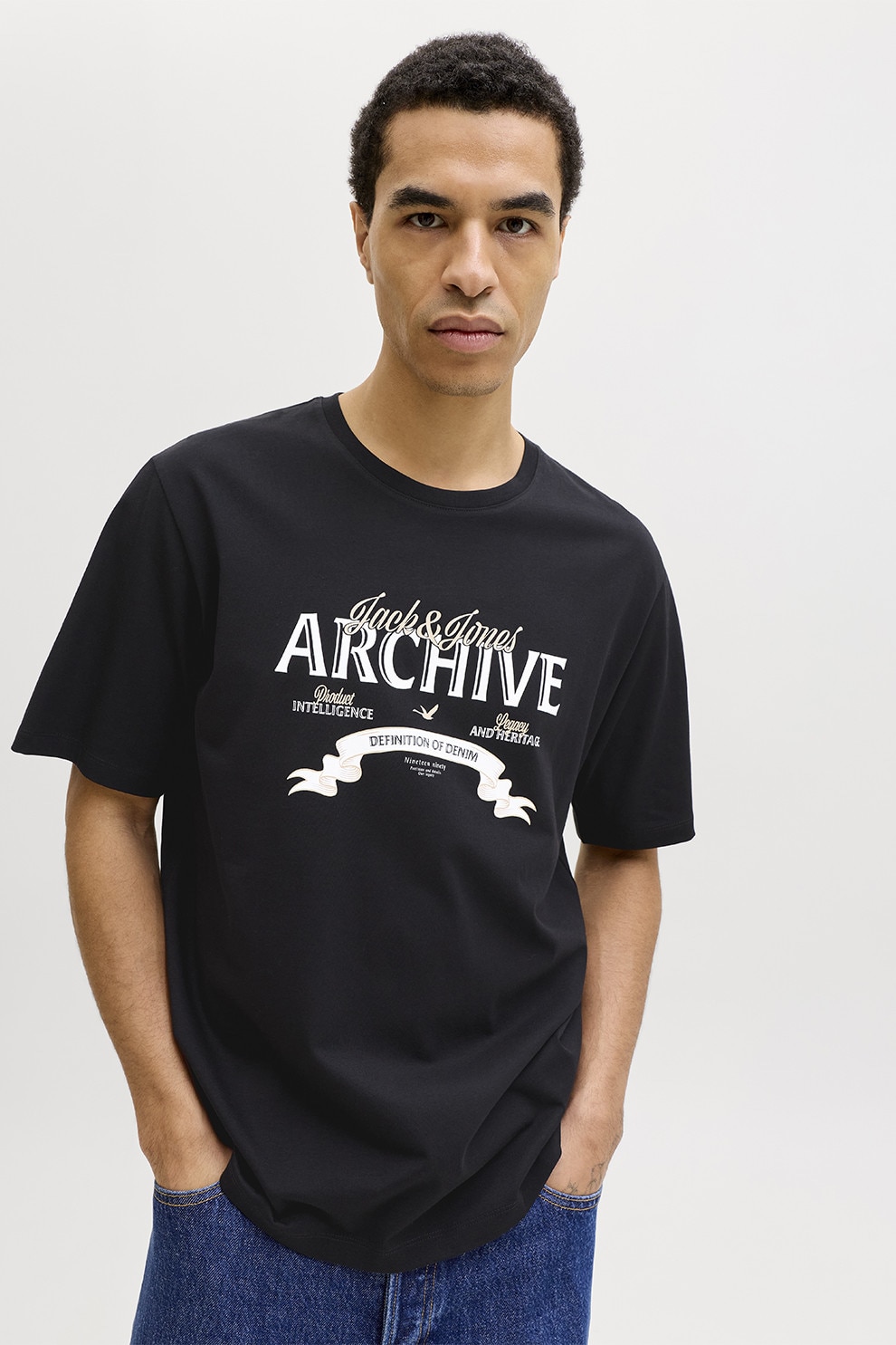 Jack & Jones, Tricou din bumbac organic cu decolteu la baza gatului, Gri antracit, M