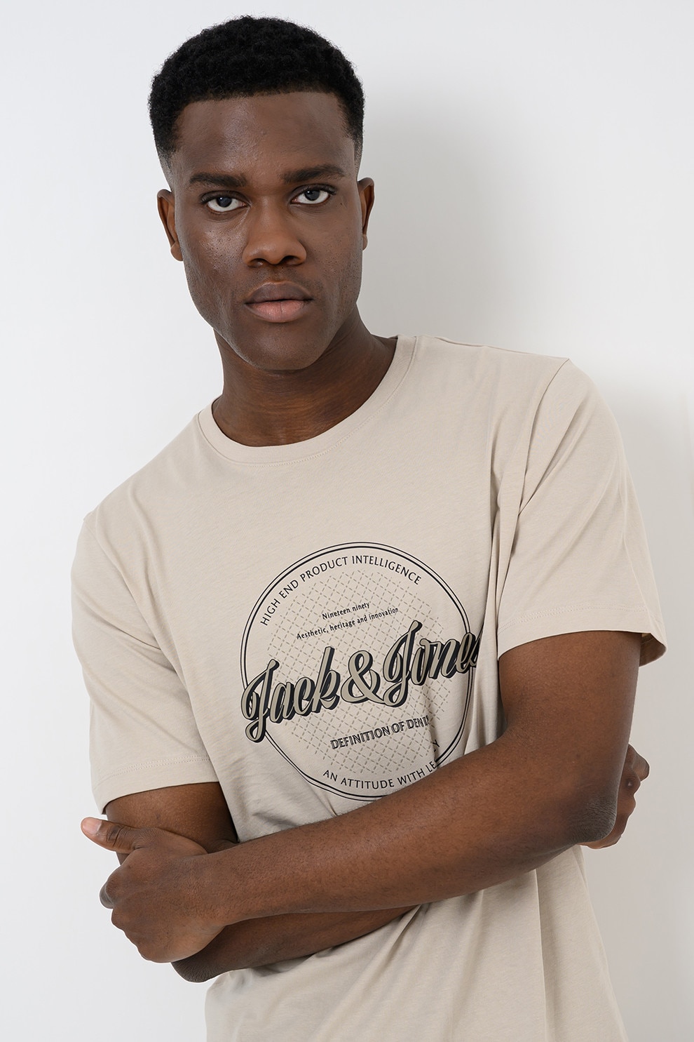 Jack & Jones, Tricou din bumbac organic cu decolteu la baza gatului, Bej deschis, L