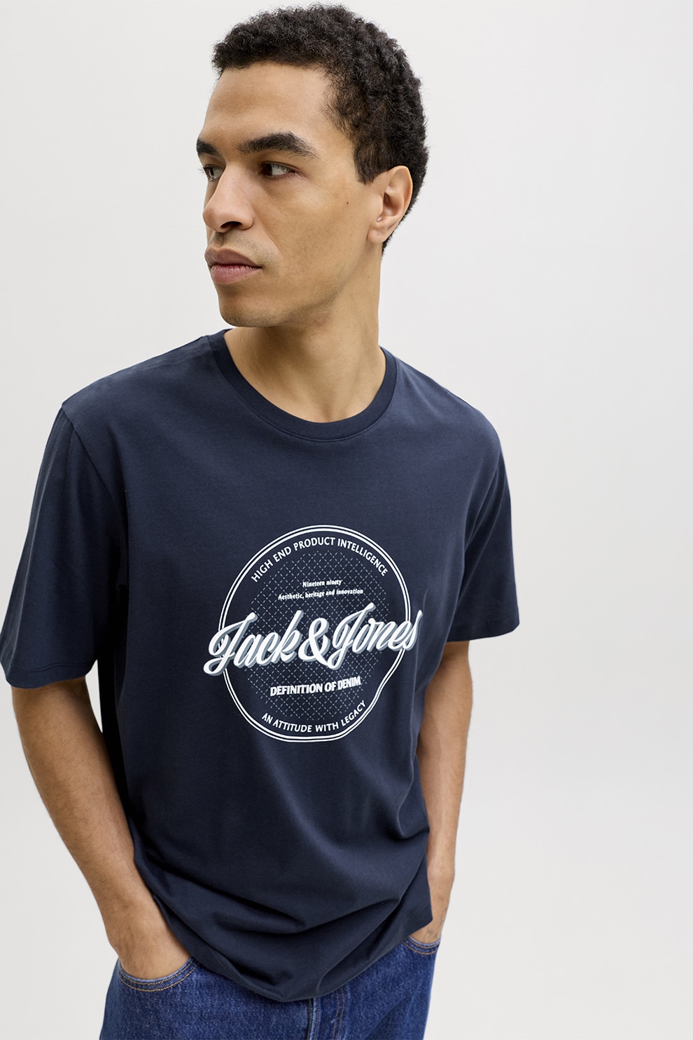 Jack & Jones, Tricou din bumbac organic cu decolteu la baza gatului, Bleumarin, L