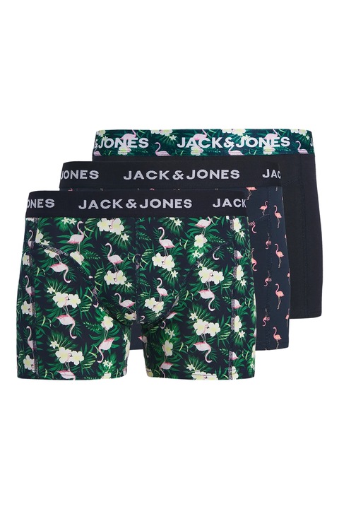 Jack & Jones, Set de boxeri din amestec de bumbac organic cu model tropical - 3 perechi, Verde/Negru