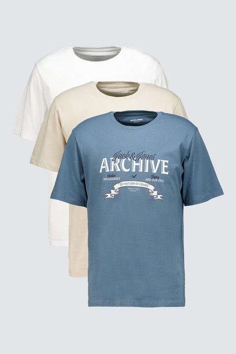 Jack & Jones, Set de tricouri din bumbac organic cu imprimeu - 3 piese, Albastru inchis/Alb optic/Bej deschis