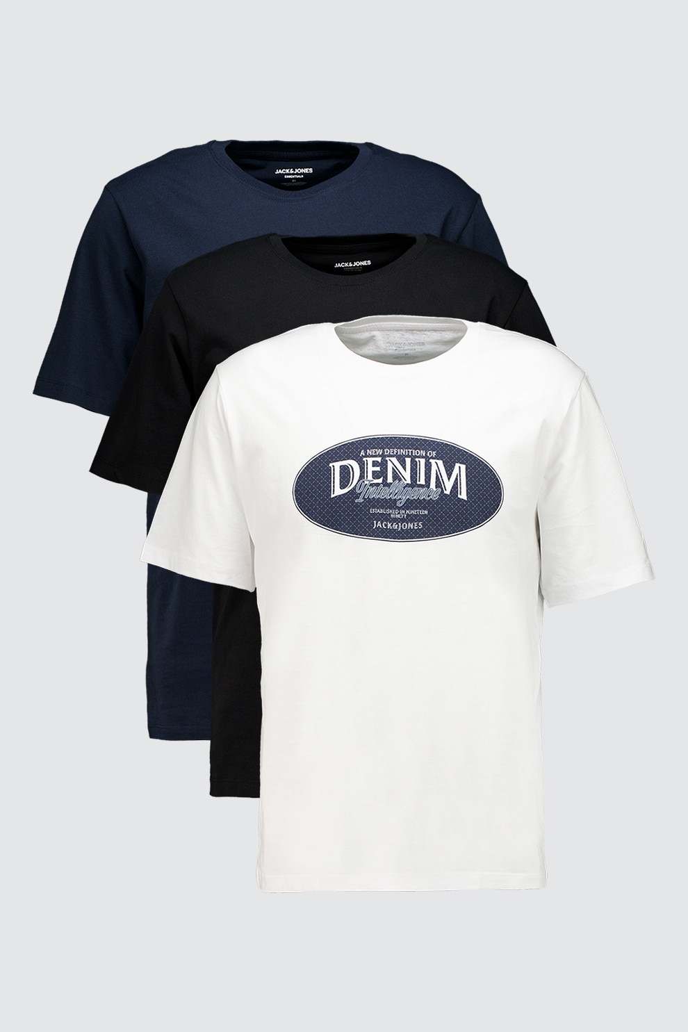 Jack & Jones, Set de tricouri din bumbac organic cu imprimeu - 3 piese, Negru stins, Alb optic, Bleumarin, XL