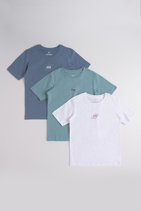 Jack & Jones, Set de tricouri de bumbac organic cu logo - 3 piese, Albastru inchis/Turcoaz/Alb optic