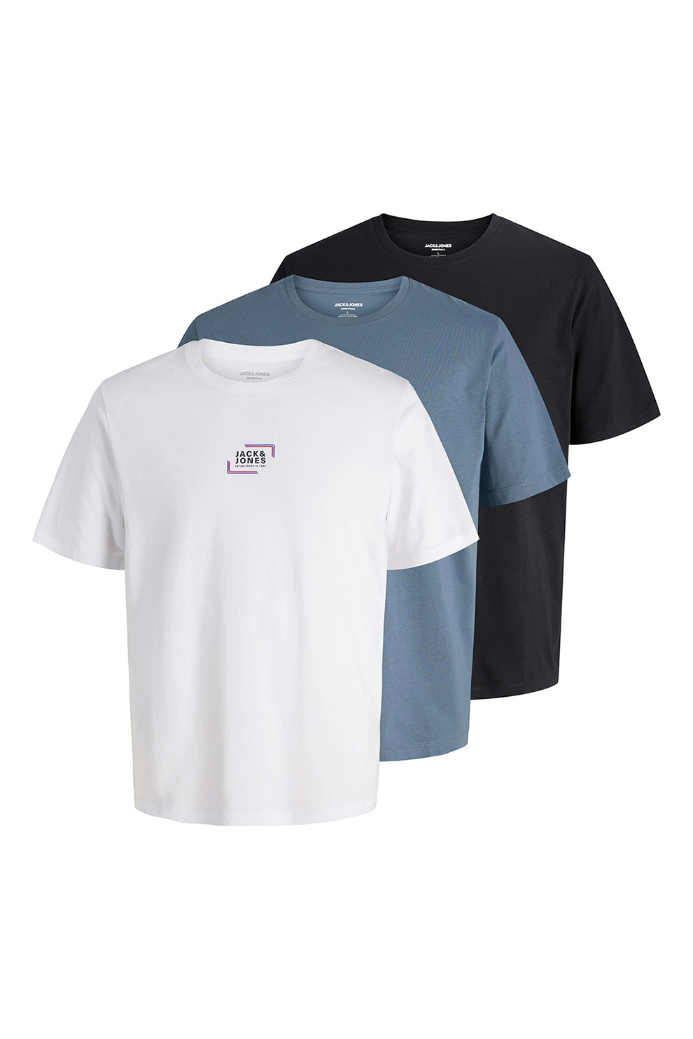 Jack & Jones, Set de tricouri de bumbac organic cu decolteu la baza gatului - 3 piese, Alb, Albastru prafuit, Bleumarin, S